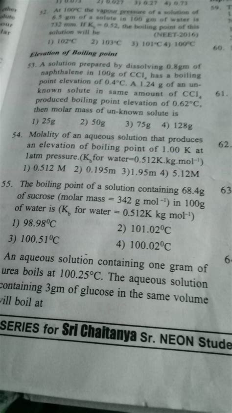 Molality Of An Aqueous Solution That Produces An Elevation Of Boiling Poi