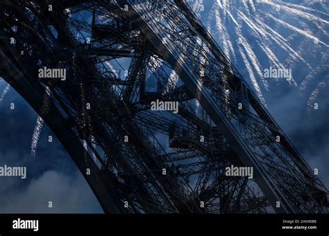 Celebratory colorful fireworks over the Eiffel Tower in Paris, France ...