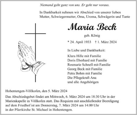 Traueranzeigen Von Maria Beck Schwaebische De Trauerportal