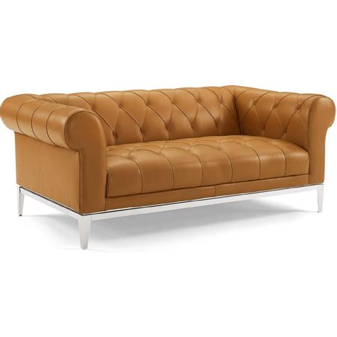 Modern Loveseat In Tan Chesterfield Leather Finish - AptDeco