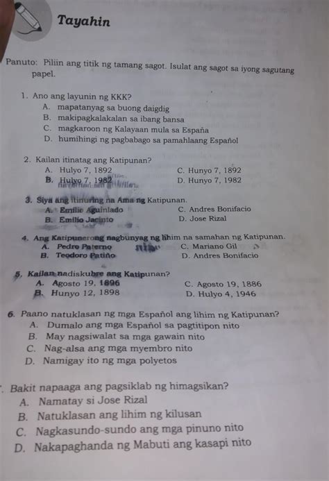 Tayahin Panuto Piliin Ang Titik Ng Tamang Sagot Isulat Ang Sagot Sa