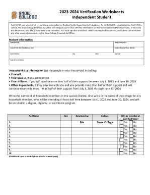 Fillable Online Verification Worksheet Independent StudentNSCC Fax