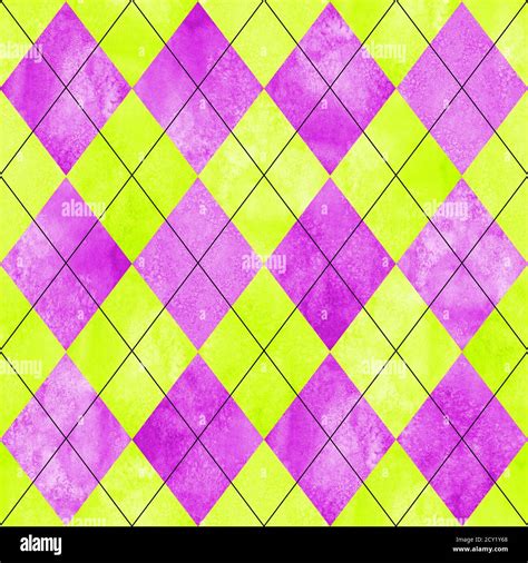 Argyle seamless plaid pattern. Watercolor hand drawn magenta pink lemon ...