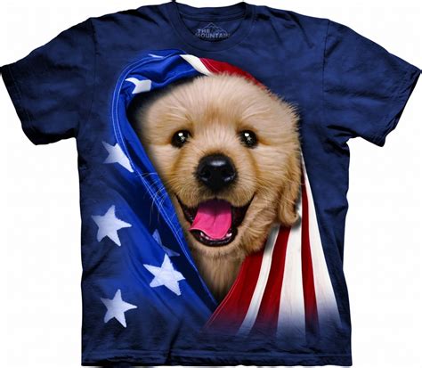 Patriotic Golden Pup 3x Cotton Dogs T Shirt Blue Adult Mens Womens