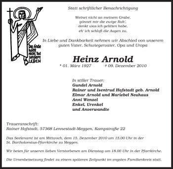 Traueranzeigen Von Heinz Arnold Trauer In Nrw De