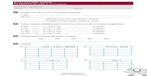 EvaluaciÓn Inicial MatemÁticas Abn 4 º Primaria³n · Indica Cuántas Unidades Vale La Cifra 9