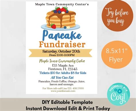 Pancake Breakfast Fundraiser Flyer, School Pancake Fundraiser, Charity ...