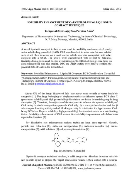 Pdf Solubility Enhancement Of Carvedilol Using Liquisolid Compact