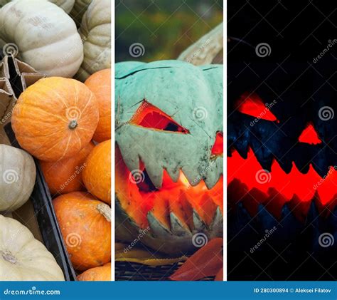 Halloween Glowing Pumpkins Collage, Holiday Background, Curved ...