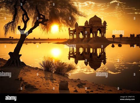 gadisar lake  jaisalmer rajasthan  sunrise  ancient temples
