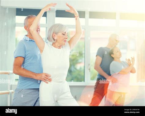 Contemporary Mature Ballet Dancers Couple Performing Graceful Choreography Training Entrechat