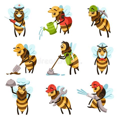 Cute Bees Funny Yellow Bee Characters Hand Drawn Flying Honey Bees