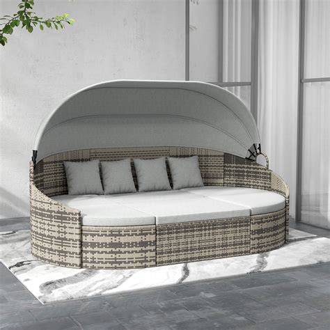 Outsunny 4 Pieces Patio PE Wicker Round Daybed Outdoor Rattan Garden