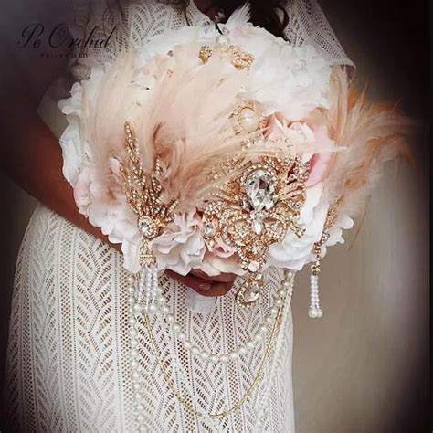 Peorchid Gatsby Bridal Brooch Bouquet Feathers Blush Pink And