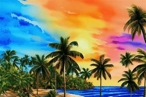 Rainbow Sunset Over A Tropical Island · Creative Fabrica