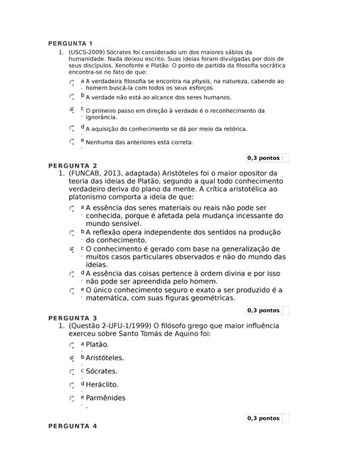 Questionário II História do Pensamento Filosófico Unidade I