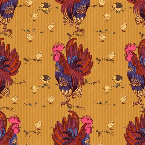 Premium Vector Seamless Background With Hand Drawn Rooster Hens And