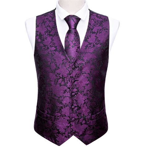 Mens Purple Paisley Silk Vest Necktie Pocket Square Cufflinks