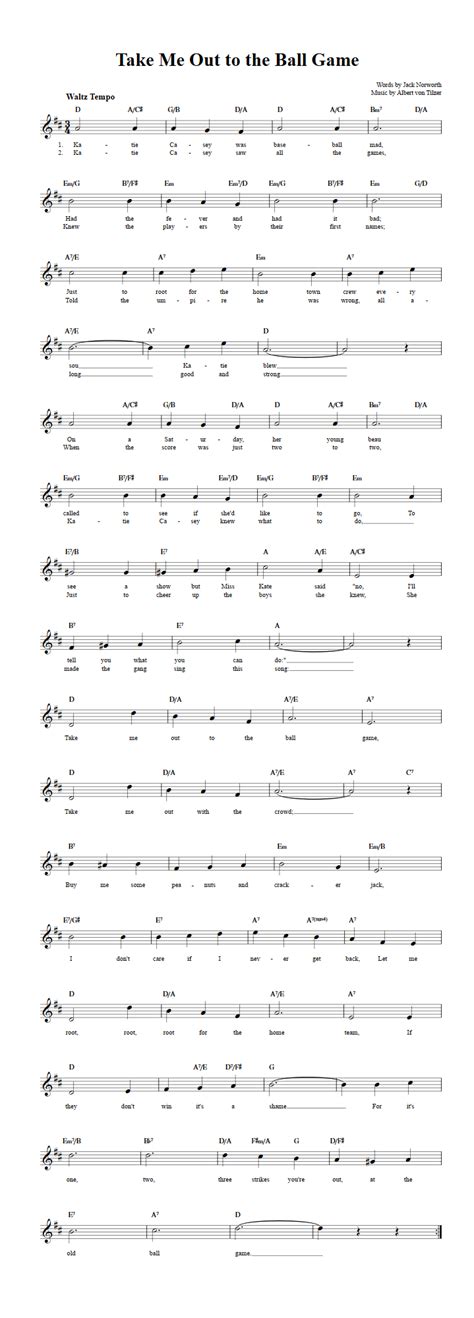 Take Me Out to the Ball Game C Instrument Sheet Music (Lead Sheet) with Chords and Lyrics