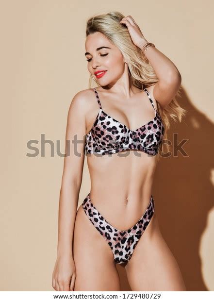 Beautiful Sexy Smiling Blonde Woman Leopard Stock Photo 1729480729