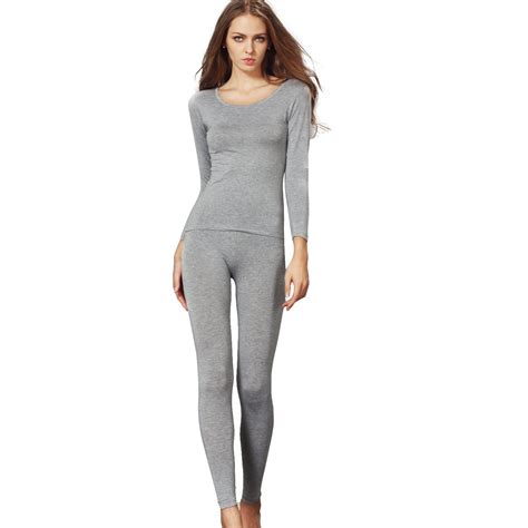 Liangrou Womens Scoop Neck Long Johns Ultra Thin Modal Thermal Underwear Top And Bottom Set Grey