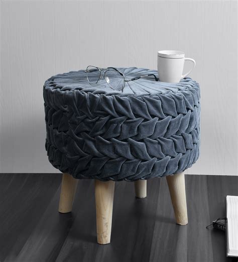 Buy Smocking Velvet Puffy Stool In Grey Colour By Sheen Decor Online