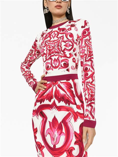 Dolce And Gabbana Majolica Print Pencil Midi Dress Red Farfetch