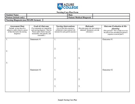 Nursing ASN CARE PLAN Nursing Care Plan Form Student Name Date