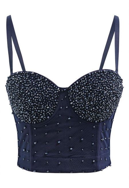 rhinestone embellished corset push  bra top  navy boho chic