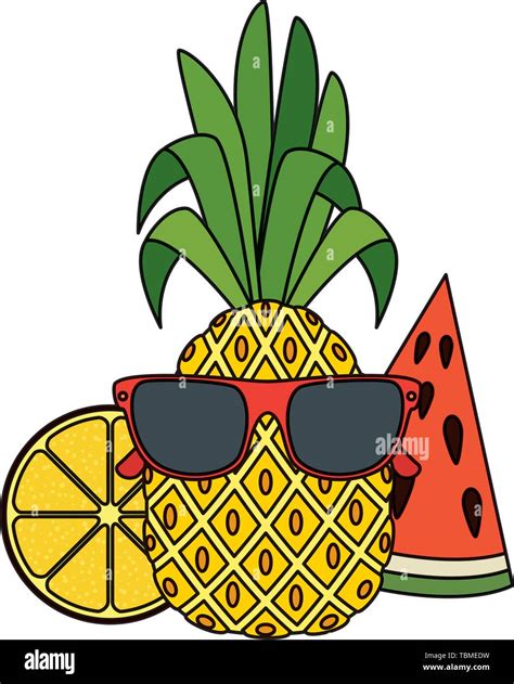 Summer Pineapple With Sunglasses Character And Fruits Stock Vector Image And Art Alamy