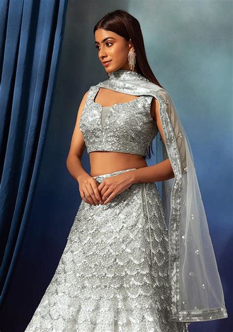 Buy Women Grey Scallop Sequin Embroidered Lehenga Set With Embroidered