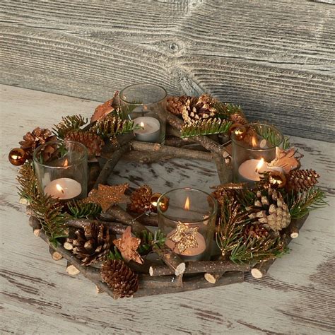 Adventskranz Mit Deko Windlicht Advent Holzkranz Weihnachten Holz Glas Kupfer • Eur 1890