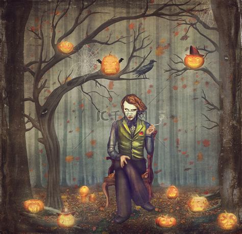 Joker in a fairytale forest among trees and scary halloween pum高清摄影大图 千库网