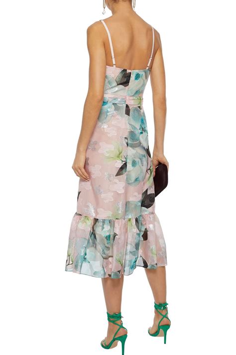 MARCHESA NOTTE Floral print metallic fil coupé organza midi dress THE