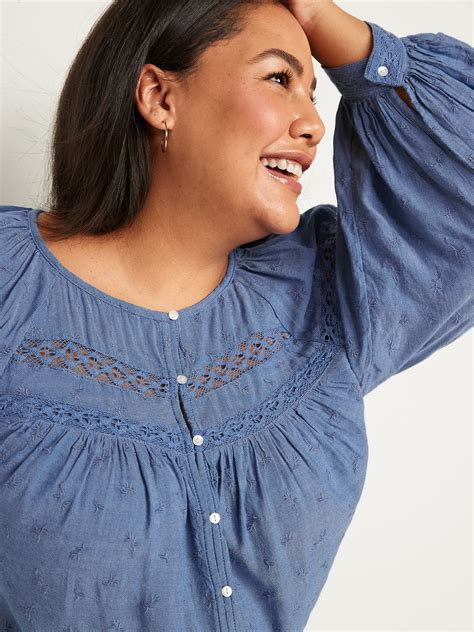 Long Sleeve Lace Trimmed Embroidered Chambray Blouse Old Navy