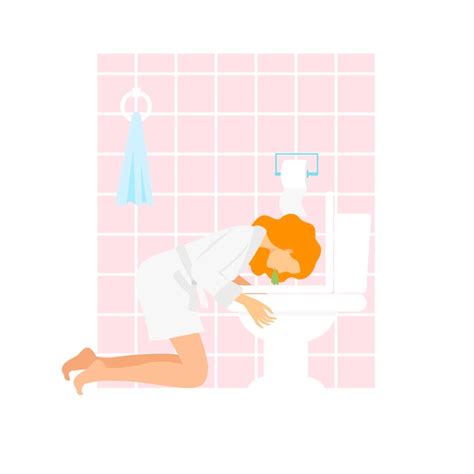 Mujer vomita en el baño mujer experimentando náuseas matutinas signos