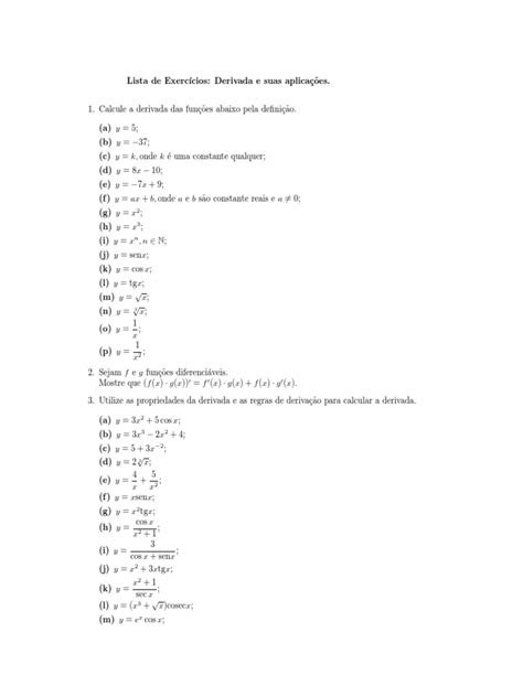 Lista De Exercícios Derivada E Suas Aplicações Pdf Derivado Teorema