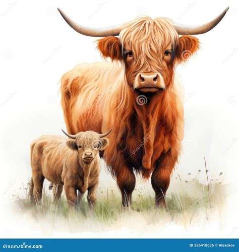 Mother And Baby Highland Cow Standing Together In Meadow Watercolor