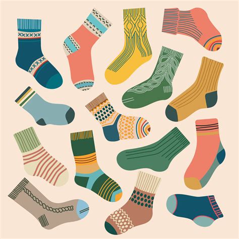 Socks set different colors and sizes knitted flat design vector illustration.Trendy socks ...