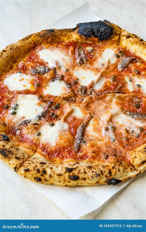 Traditional Classic Neapolitan Anchovy Pizza With Mozzarella Cheese