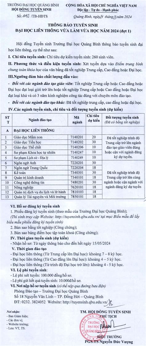 Trường ĐH Quảng Bình tuyển sinh Đại học liên thông năm 2024 đợt 1