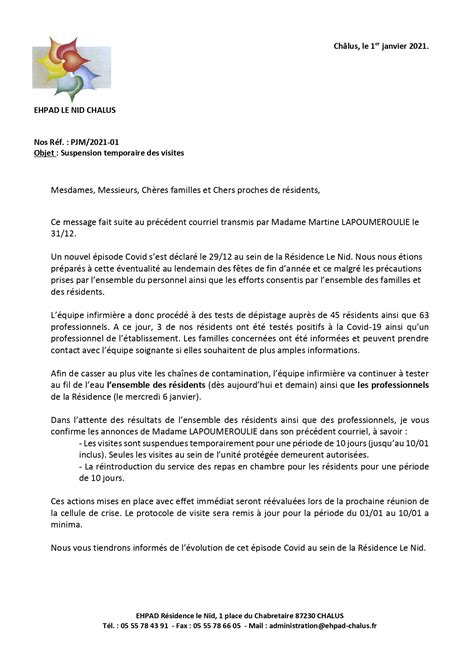 Courrier de M le Directeur à l attention des proches des résidents