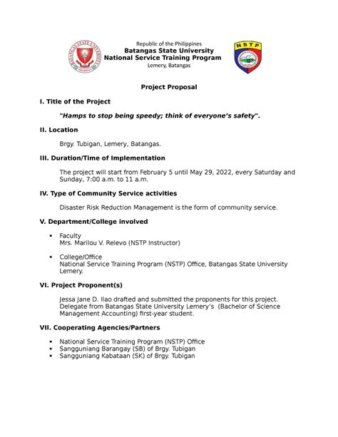 Project Proposal Nstp Republic Of The Philippines Batangas State University National Service