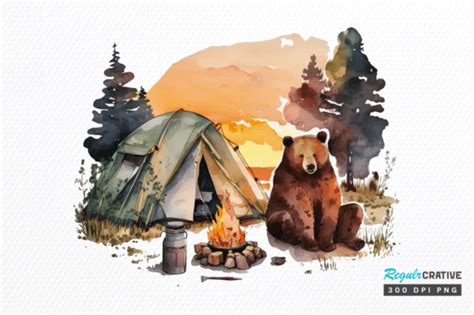 Watercolor Bear Camping Sunset Clipart Graphic By Regulrcrative · Creative Fabrica