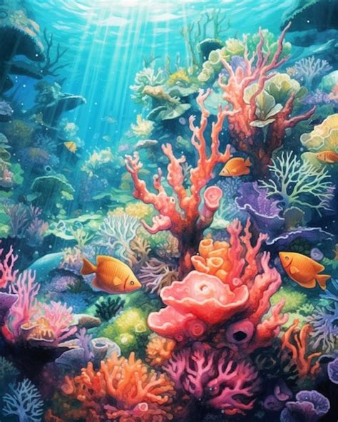 Pintura De Un Arrecife De Coral Con Peces Y Corales Bajo El Agua