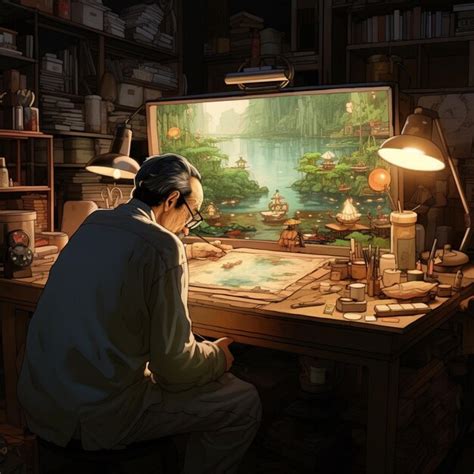 Premium AI Image | a man sits at a desk with a painting of a man ...