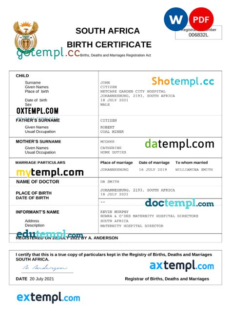 South Africa Vital Record Birth Certificate Word And Pdf Template Completely Editable Oxtempl