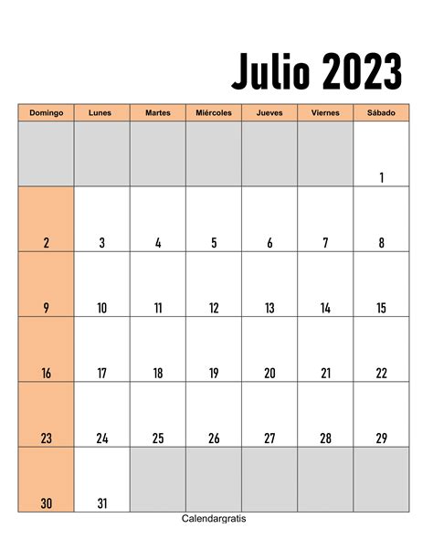 Calendario Julio 2023 Para Imprimir Calendar Gratis