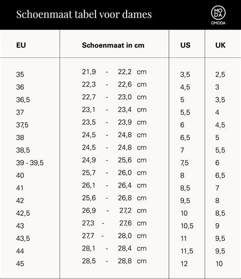 Welke schoenmaat heb ik in UK of US? Bekijk het hier | Omoda