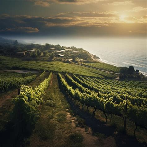 Premium Ai Image A Sunset Over A Vineyard With A View Of The Ocean